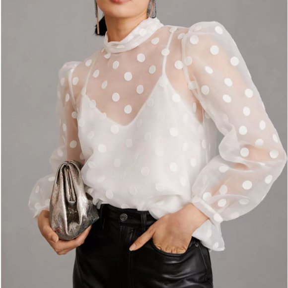 NWT Flat White Polka Dot Blouse - Anthropologie - Picture 1 of 5